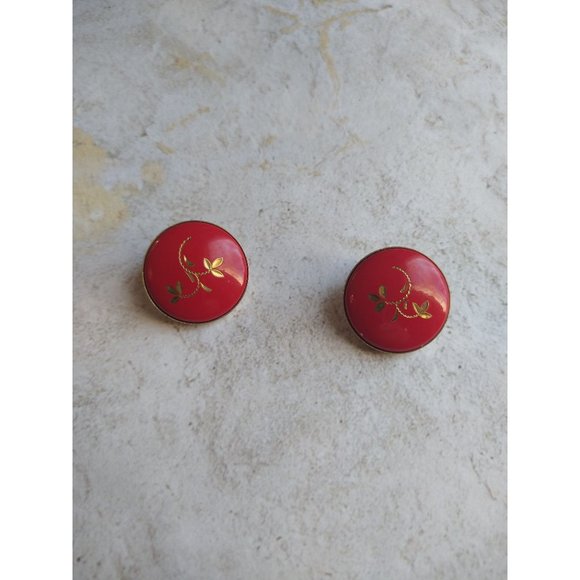 Vintage Red Enamel Clip on Earrings with Oriental Leaf Design Christmas - Picture 2 of 4